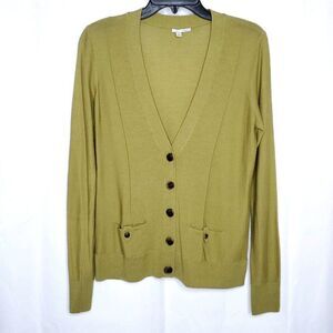 Y2K Halogen Merino Wool Cardigan Sweater M Olive Green V Neck Pockets Grandpa